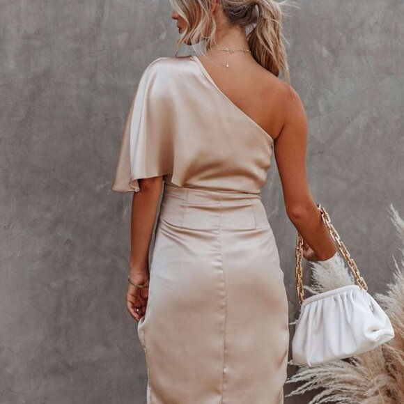 One-Shoulder Satin Wrap Dress with Side Slit | Sheath Formal Midi Dress - Picture 7 of 9